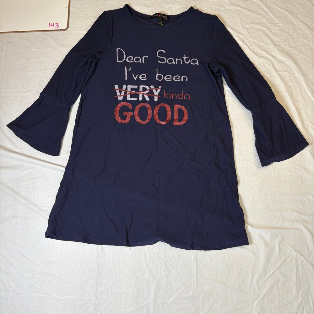 Derek Heart Girls Navy Blue Long‎ Sleeve Dress Sleep Santa Graphic Size M 10-12